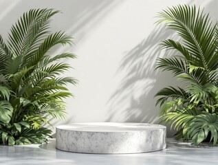 A still life photograph featuring a white marble pedestal surrounded by lush green palm fronds, set against a stark white wall. The floor beneath the pedestal reflects the ambient light, adding depth 