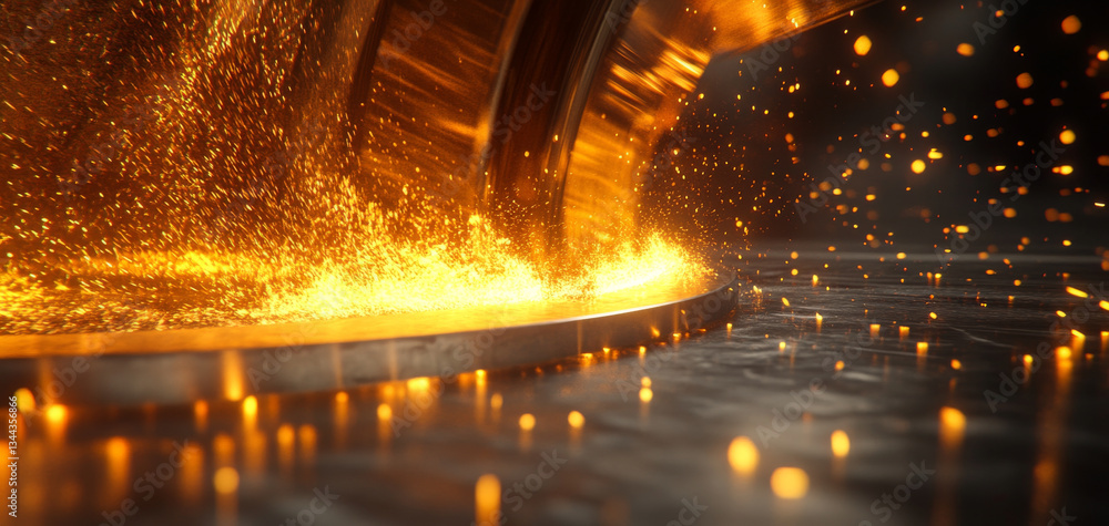 Poster stunning visual of molten metal flowing with vibrant orange and gold sparks, creating mesmerizing di