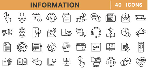 Information Outline Icon Set – 40 Editable Vector Icons of Communication, Notifications, Customer Support, News, Documents, Emails, Help Desk, Digital Services, and Data