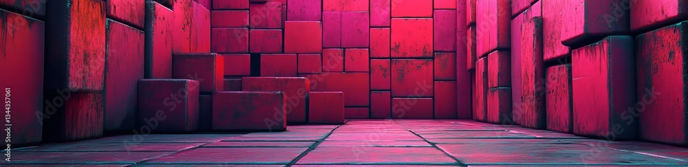 Aufkleber a modern tech background is formed by precisely arranging multisized blocks in coral and pink, as de