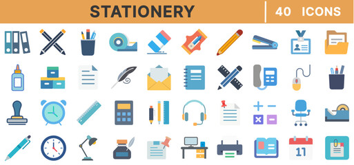 Stationery Icon Set &ndash; 40 Flat Vector Icons of Office Supplies, Writing Tools, Paper, Pens, Notebooks, Desk Items, School, Organization, Office Equipment, and Planning
