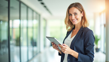a happy woman with a tablet in her hands in a bright office