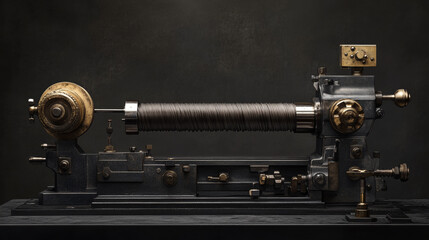 Fototapeta premium vintage lathe machine showcasing intricate metalwork and craftsmanship, featuring brass and steel components, set against dark background, evoking sense of nostalgia and industrial elegance