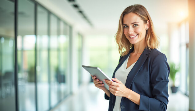 a happy woman with a tablet in her hands in a bright office