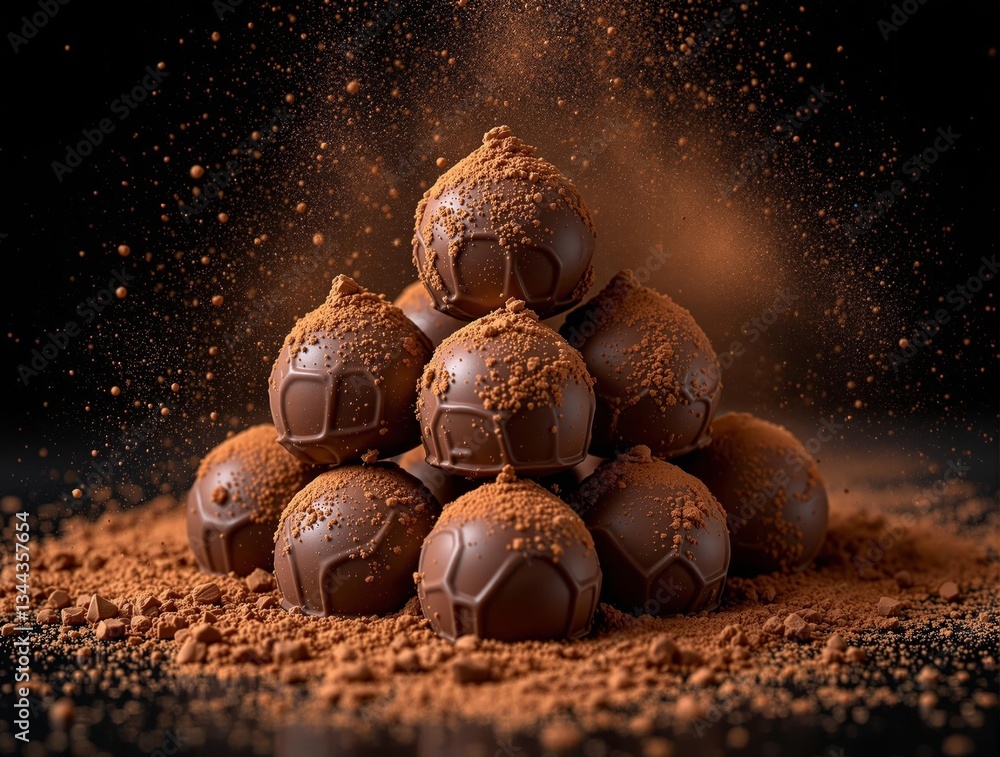 Poster a close-up shot of a pile of chocolates, dusted with cocoa powder, set against a dark, blurred backg