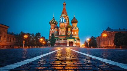 Fototapeta premium Majestic Saint Basil's Cathedral at Night Moscow Landmark Photography Urban Environment Low Angle View Architectural Beauty