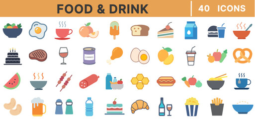 Food and Drink Icon Set &ndash; 40 Flat Vector Icons of Meals, Beverages, Desserts, Snacks, Kitchenware, Restaurants, Fast Food, Healthy Eating, and Culinary Dishes
