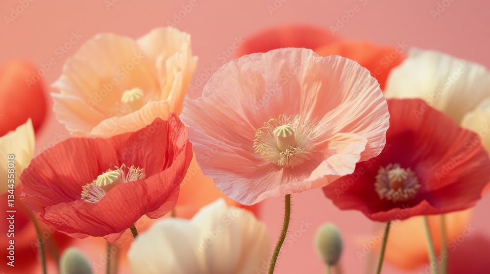 Aufkleber delicate poppies bloom in a spectrum of colors, showcasing their soft petals against a warm backgrou