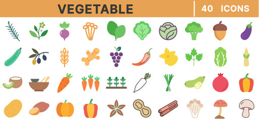 Vegetable Icon Set – 40 Flat Vector Icons of Organic Vegetables, Herbs, Healthy Food, Farming, Plant-Based Diet, Agriculture, Nutrition, and Fresh Produce