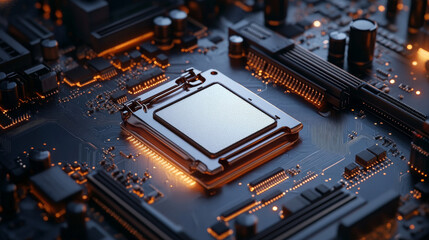 close up view of computer processor circuit board, showcasing intricate details and glowing elements that highlight technology complexity and innovation. image evokes sense of modernity and