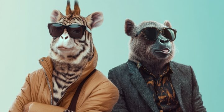 The Coolest Crew: A stylish giraffe-tiger hybrid and a suave ape-like creature, both sporting sunglasses and fashionable attire, exude confidence and a touch of playful mischief.