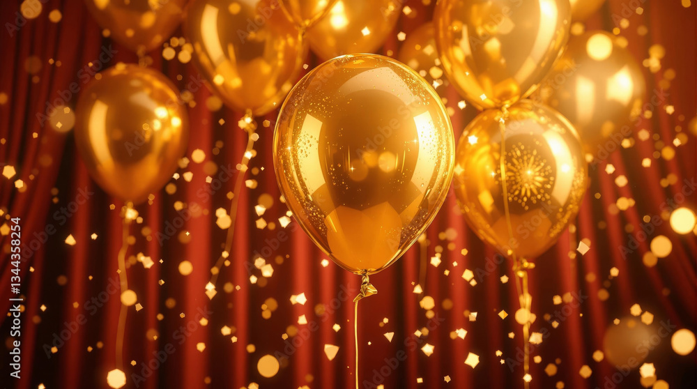 Poster a vibrant, festive scene with golden balloons floating against a rich red backdrop, illuminated by a