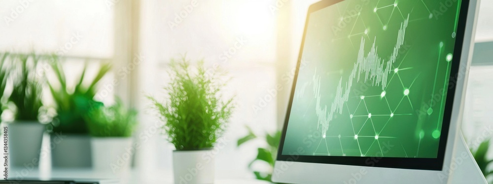 Poster modern workspace with graph data visualization and greenery plants