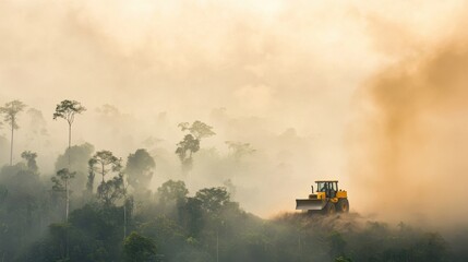 Fototapeta premium Heavy Machinery Clearing Forest Scene in Misty Landscape at Sunrise