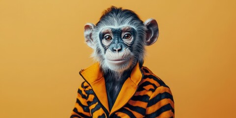 Fototapeta premium Monkey in Stylish Outfit: a close-up of a chimpanzee donning a tiger-striped jacket against an orange background. 