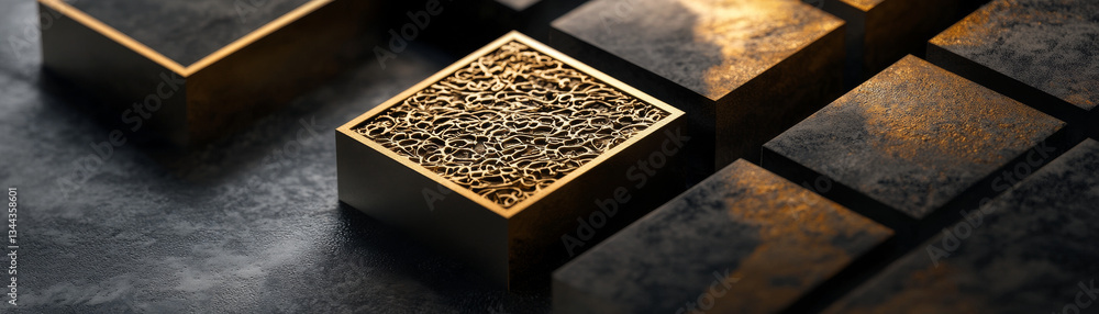 Aufkleber sleek, modern design featuring textured metallic blocks with intricate patterns, reflecting light be
