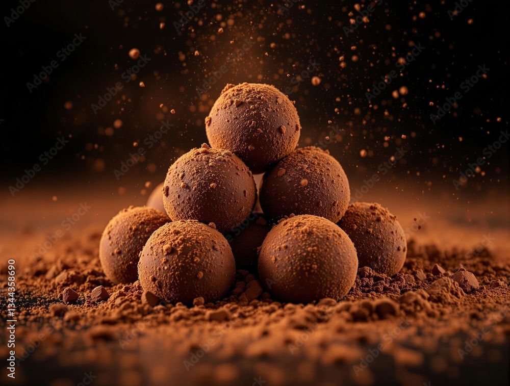 Poster a close-up shot of a pile of chocolate truffles, with a dusting of cocoa powder in the foreground an
