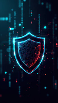 Cybersecurity shield with digital binary code and data flow in dark background.