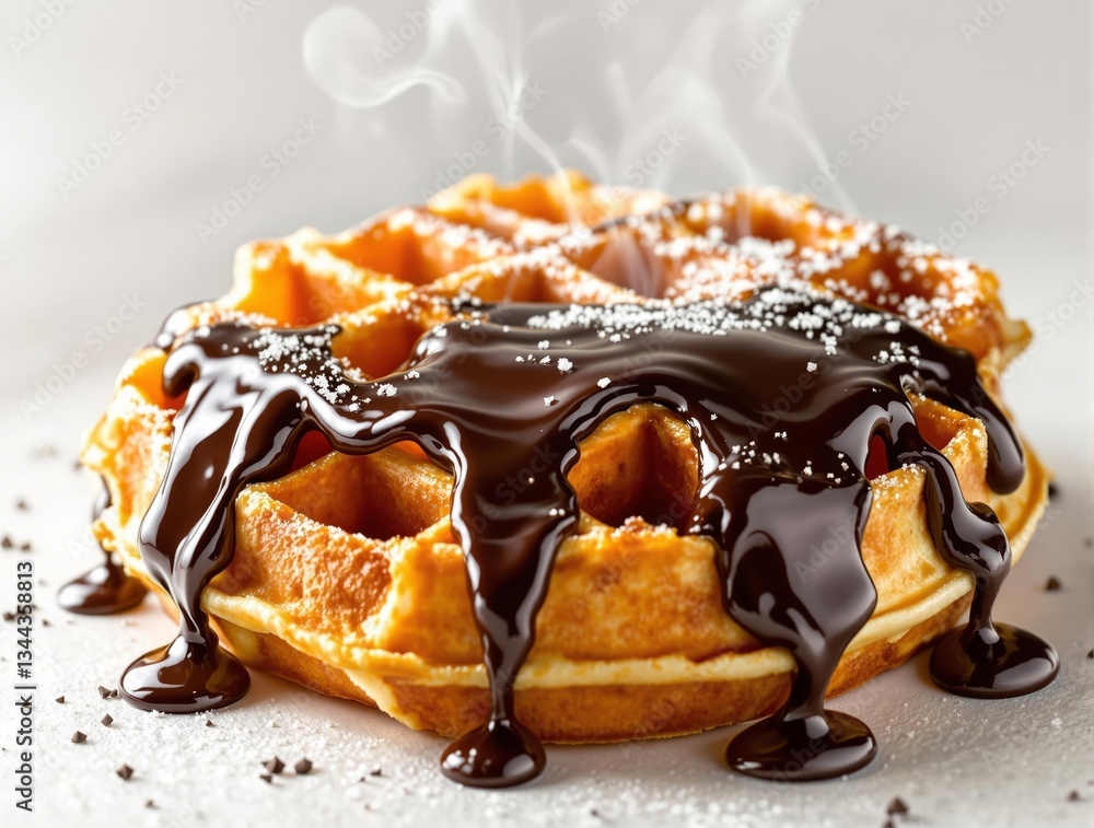 Poster a close-up of a golden-brown waffle topped with a thick, glossy chocolate sauce and sprinkled with b
