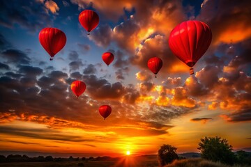 Obraz premium Silhouetted Red Balloons Ascending at Sunset - Dramatic Stock Photo