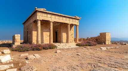 Obraz premium Ancient Greek Temple Ruins Delos Island Historical Architecture Sunny Landscape Panoramic View Cultural Heritage