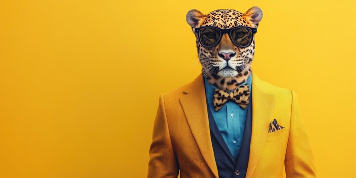 Suave Leopard Portrait: A stylish leopard in modern attire poses confidently against a bright yellow backdrop, blending the wild with urban sophistication, wearing sunglasses and suit. 