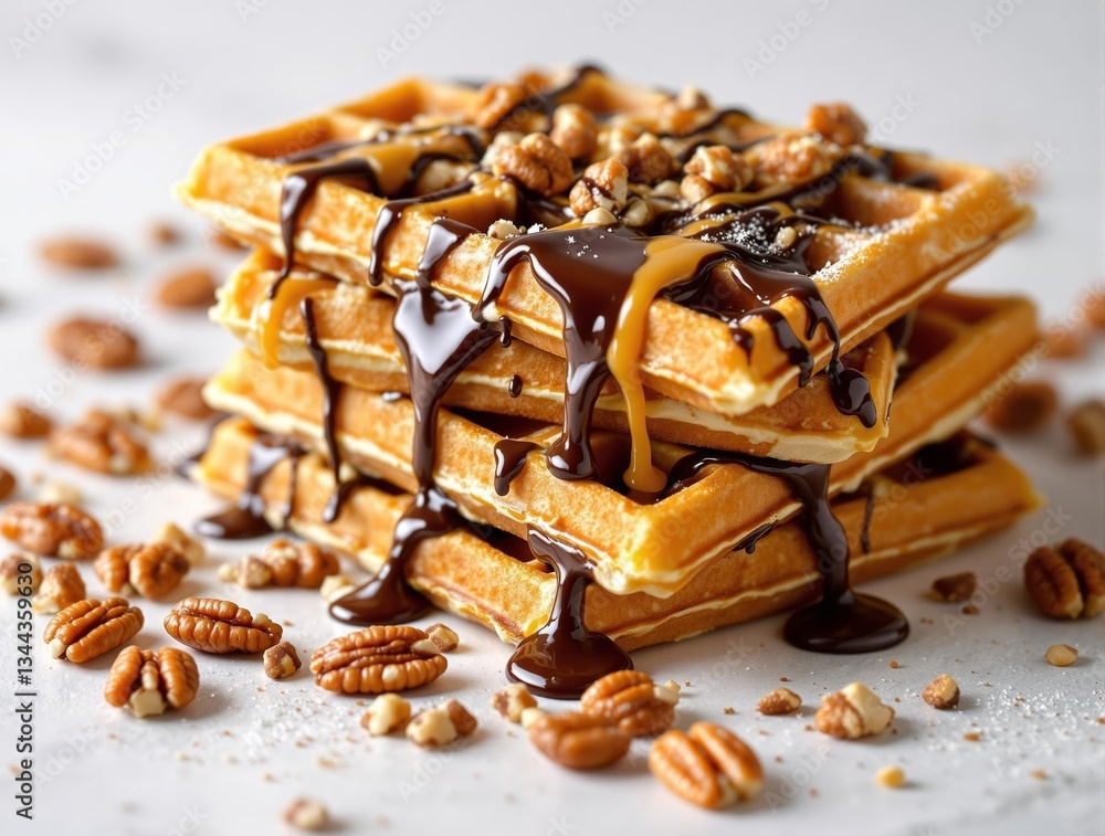 Poster a stack of golden-brown waffles generously drizzled with a glossy chocolate sauce and sprinkled with
