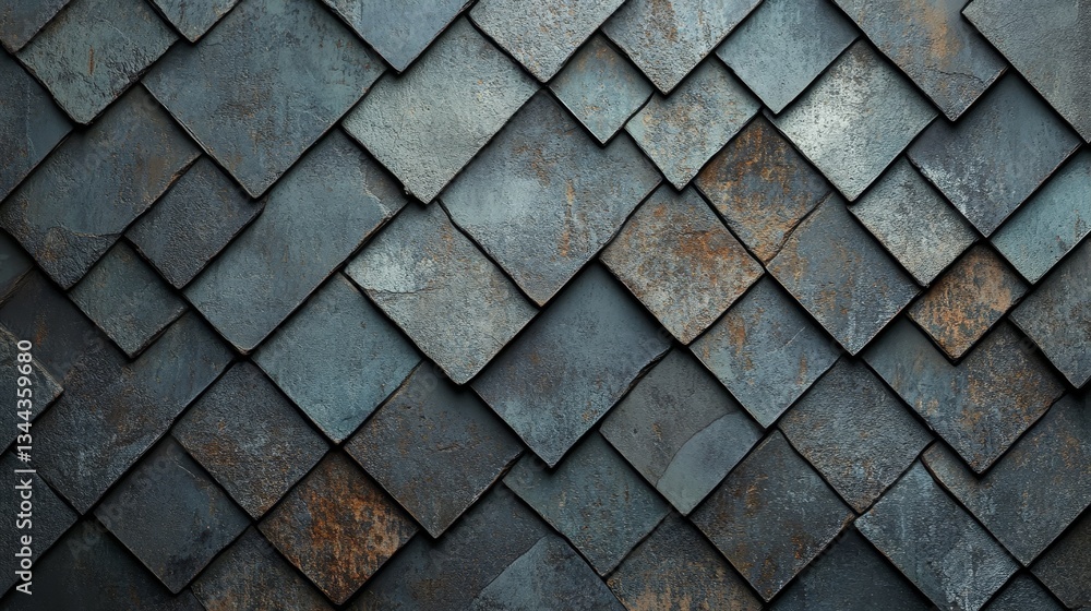 Poster a wall composed of semigloss, concrete mosaic tiles arranged in a specific pattern, alongside a 3d b