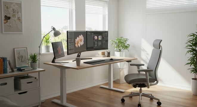 Modern Home Office Setup with Standing Desk and Ergonomic Chair