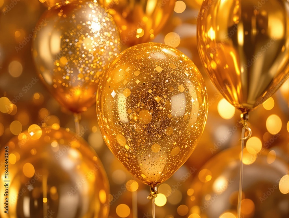Poster a vibrant and festive scene featuring golden balloons adorned with shimmering confetti, set against 