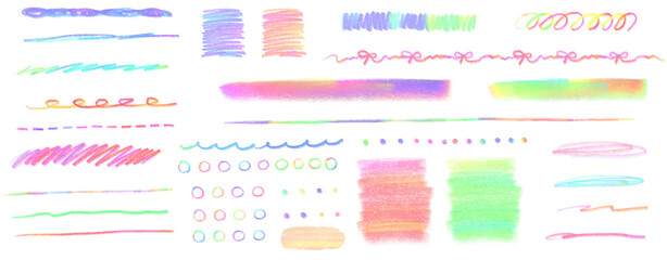 Hand drawn doodle sketch under lines and abstract shapes. Rainbow ulticolored crayon brush strokes. 