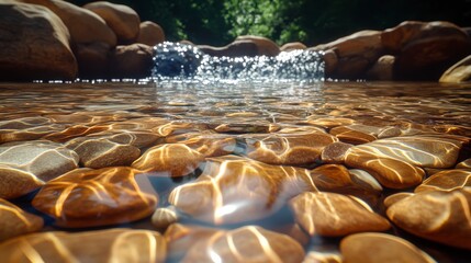 Obraz premium Sunlit Streambed with Smooth Brown Rocks and Gentle Waterfall