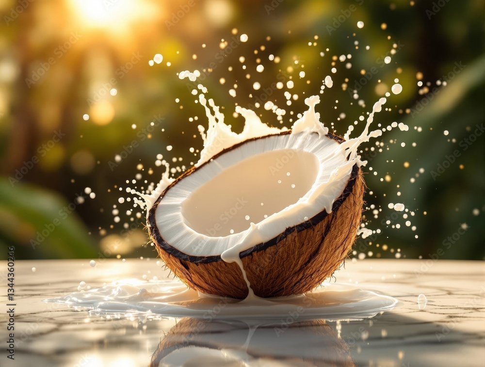 Poster a coconut being dropped into a pool of water, with a blurred background suggesting a shallow depth o
