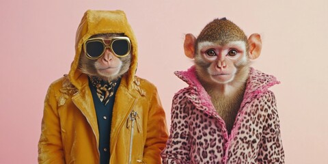 Obraz premium Stylish Monkeys: Two monkeys, dressed in fashionable attire, strike a pose. One wears a trendy yellow jacket, cool sunglasses and the other one in leopard print outfit.