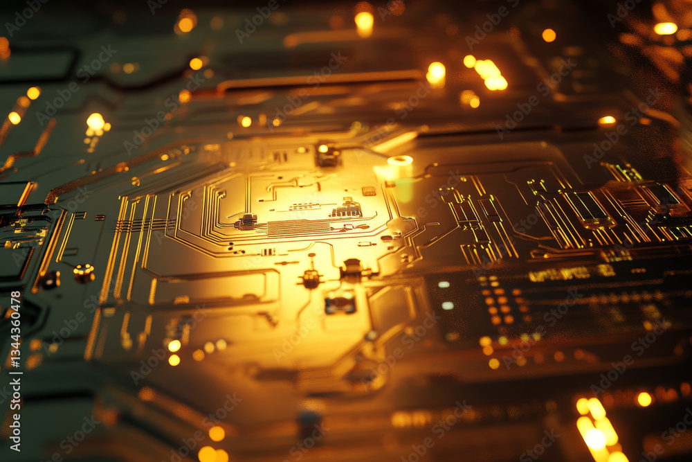 Poster close up view of circuit board with intricate patterns and glowing elements, showcasing beauty of te