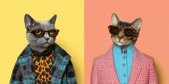 Cat Duo: Stylish cats wearing sunglasses and fashionable attire, embodying coolness against vibrant backgrounds. Each cat with their unique charm exudes personality and trendiness.