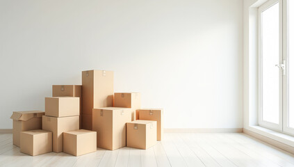 a stack of cardboard boxes in an empty white room