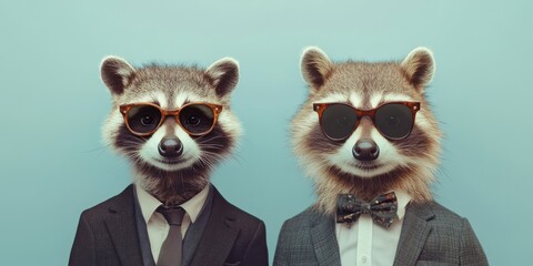 Dapper Raccoons: Two raccoons in sharp suits, sporting cool sunglasses against a pastel backdrop, a humorous and stylish take on animal fashion.