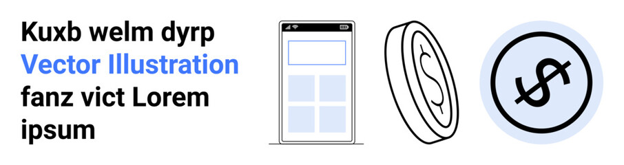 Smartphone screen, coin, and dollar sign emphasize finance, technology, mobile apps, transactions, economic growth fintech and simple landing page. Line metaphor. Simple line icons