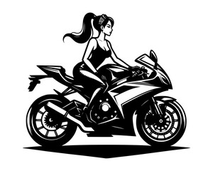 A vector silhouette of a female biker on a motorcycle isolated on a white background.