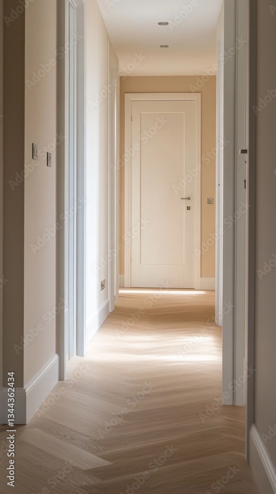 Poster soft rays of sunlight pour into a spacious corridor, illuminating the polished wooden floor. the sub