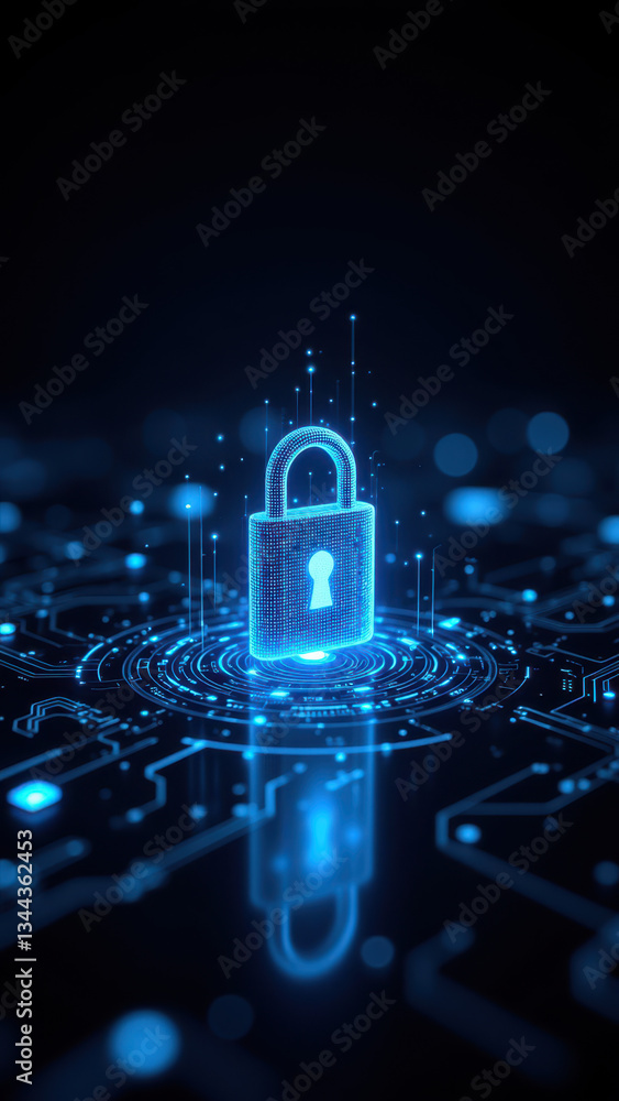 Poster cybersecurity concept with a lock icon and blue digital grid, symbolizing data protection and encryp