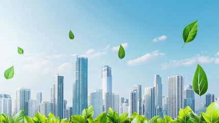 Urban Landscape with Green Leaves and Clear Blue Sky Above City