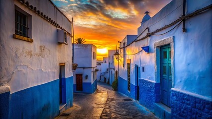 Silhouette of Buildings, Blue and White Medina Street, Rabat, Morocco