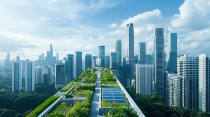 Fototapeta premium Urban Green Roofs with Solar Panels and Skyscrapers in City Landscape