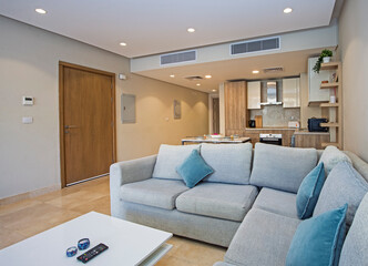 Interior design of luxury apartment living room with kitchen