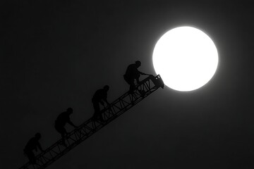 Workers Climb a Tall Ladder Near a Bright Circular Light