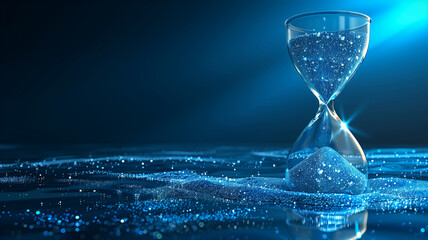 Digital futuristic hourglass with glowing blue light, representing time, AI, technology, innovation, and cyber science