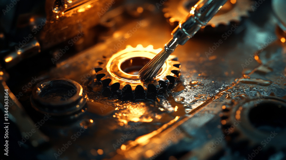 Poster close up view of metallic gear being painted with brush, showcasing intricate details and reflection