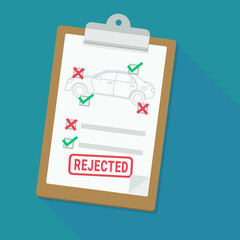 Clipboard with a hanging page with a car silhouette with failed checkpoints of a technical inspection in a flat design style with a long shadow on a blue background